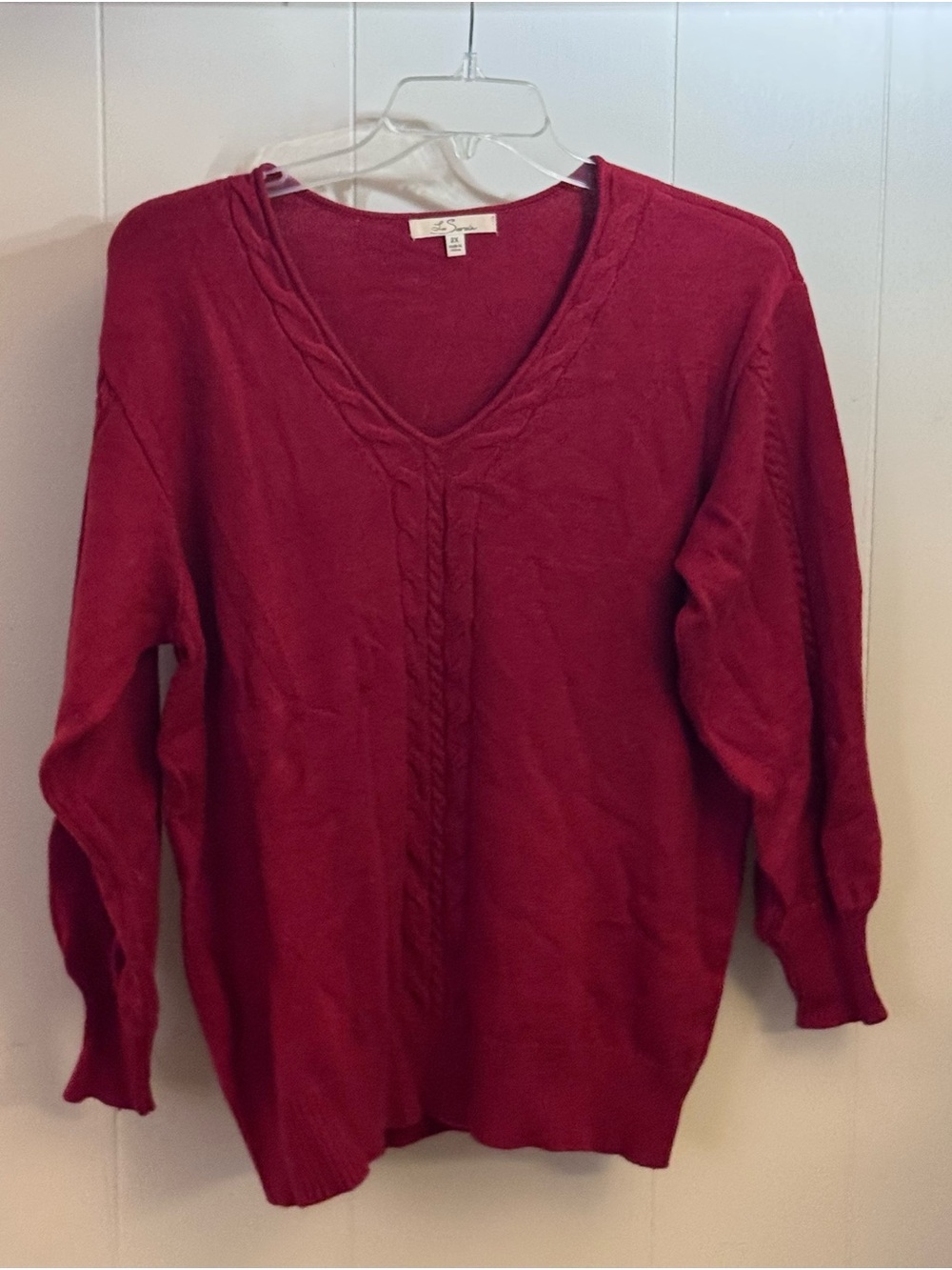 Classic V-Neck Cable-Trim Sweater in Red